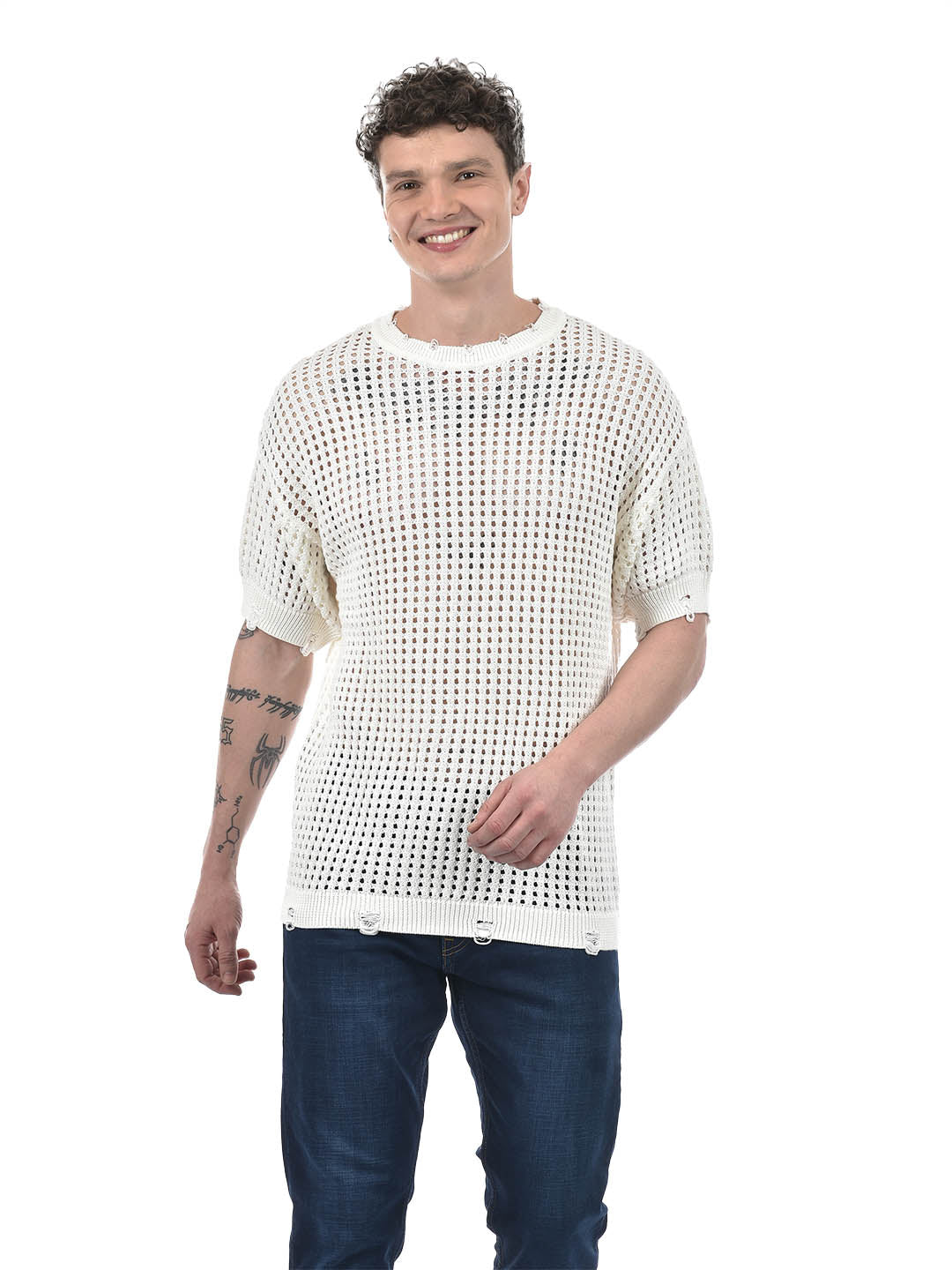 Street Mesh Knit T-Shirt – White Distressed
