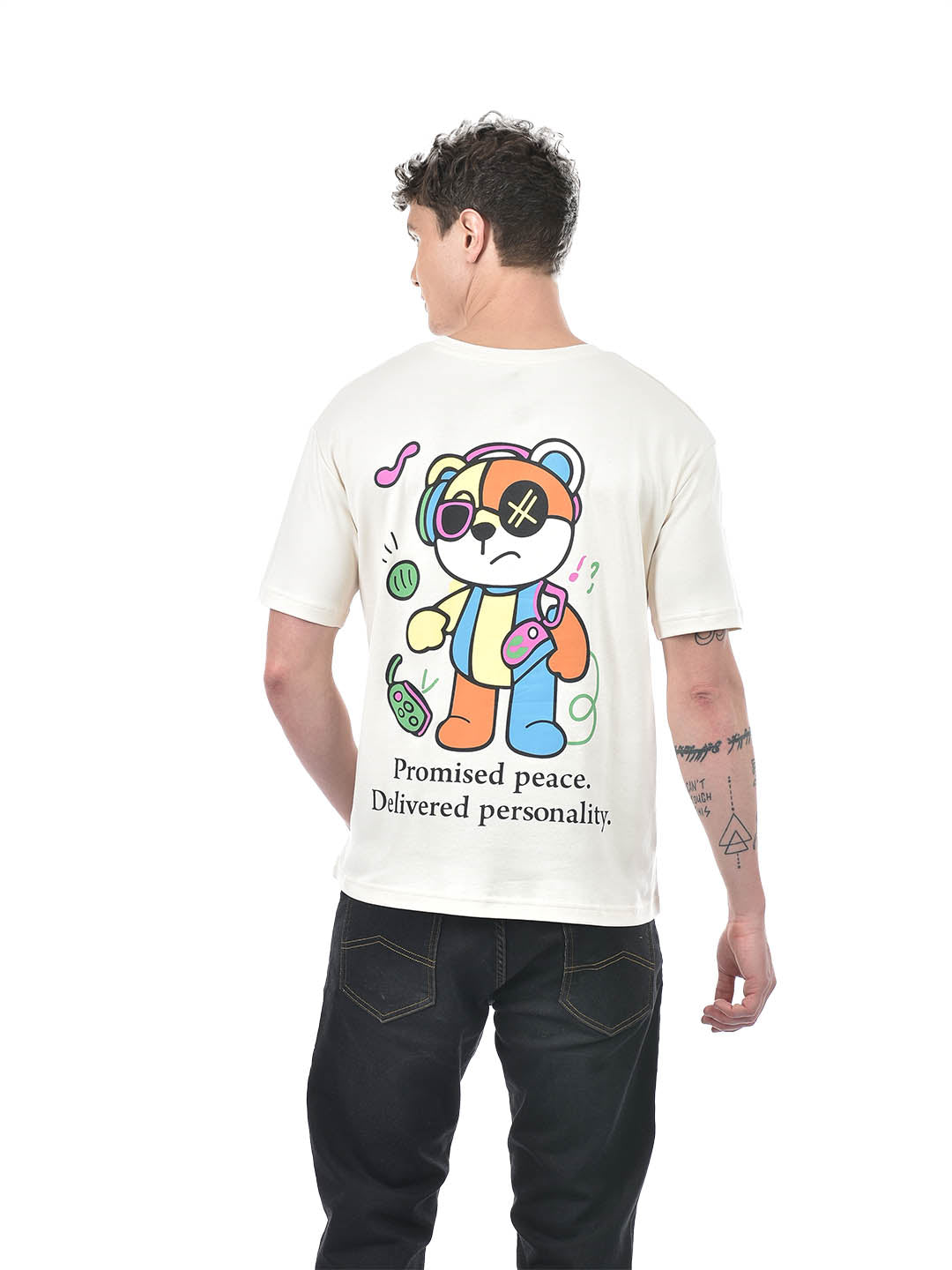 Drop-Shoulder Gamer Bear Graphic T-Shirt – Ivory