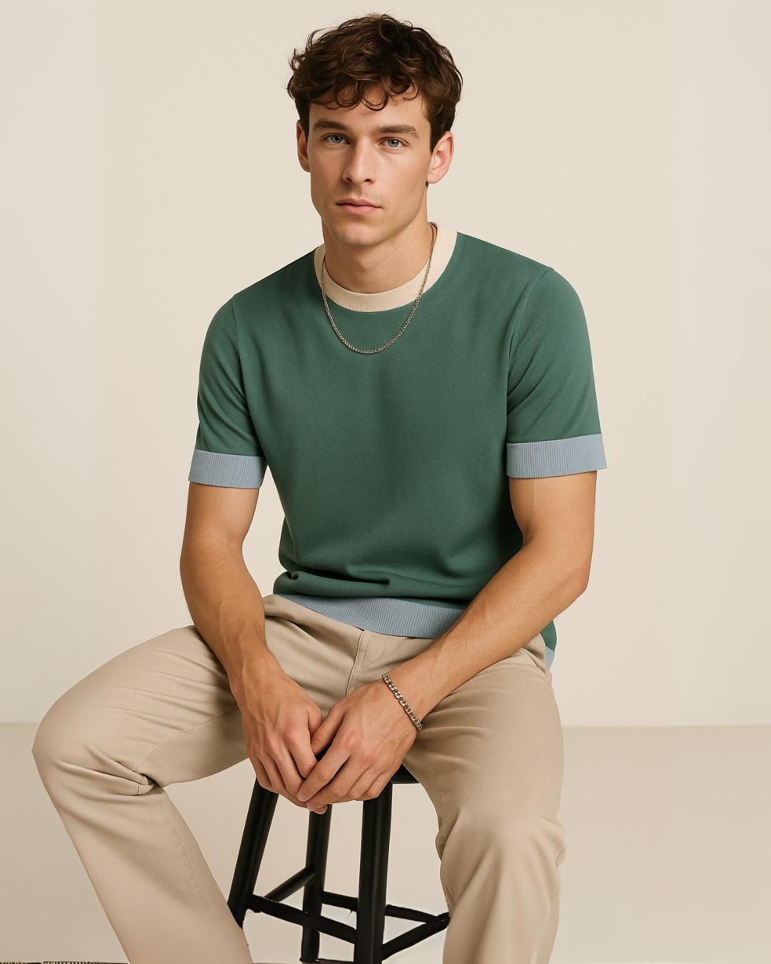 Breeze Line Contrast Knit T-shirt - Green