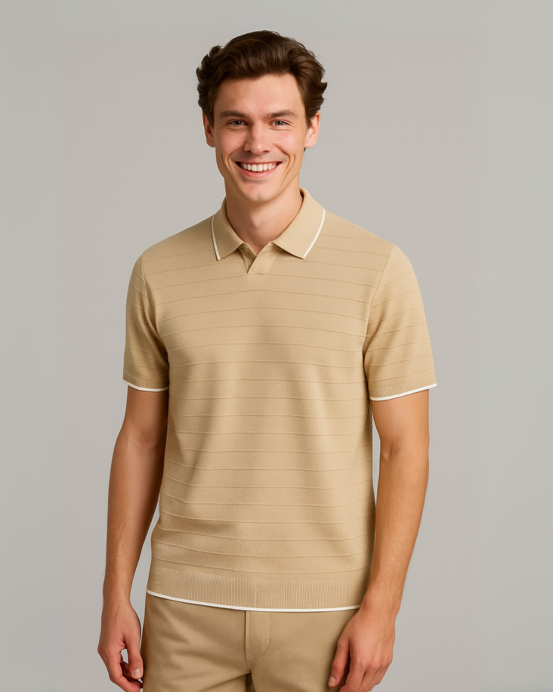 Ridge Textured Knit Polo Shirt - Pale Khaki