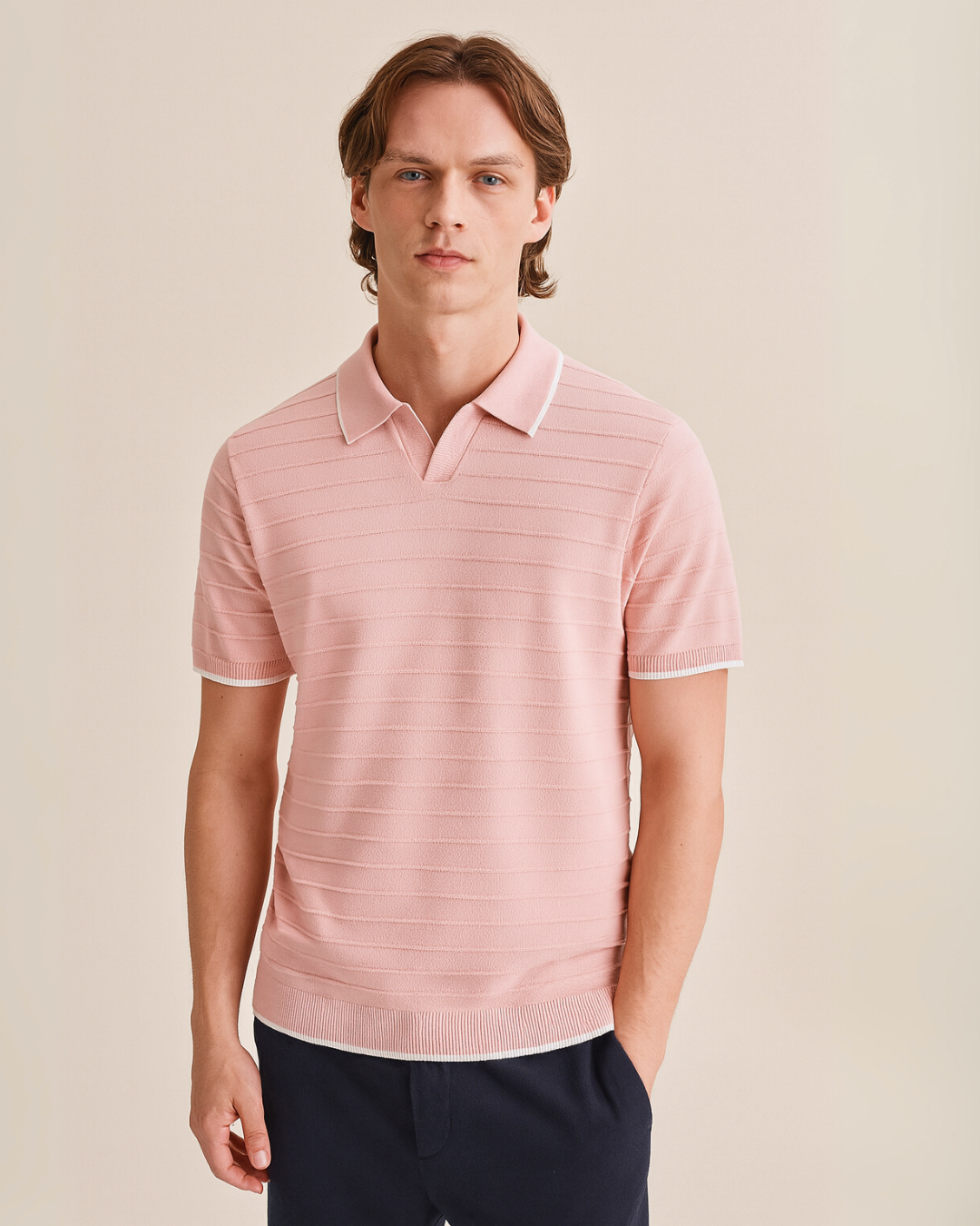 Ridge Textured Knit Polo Shirt - Blush Pink