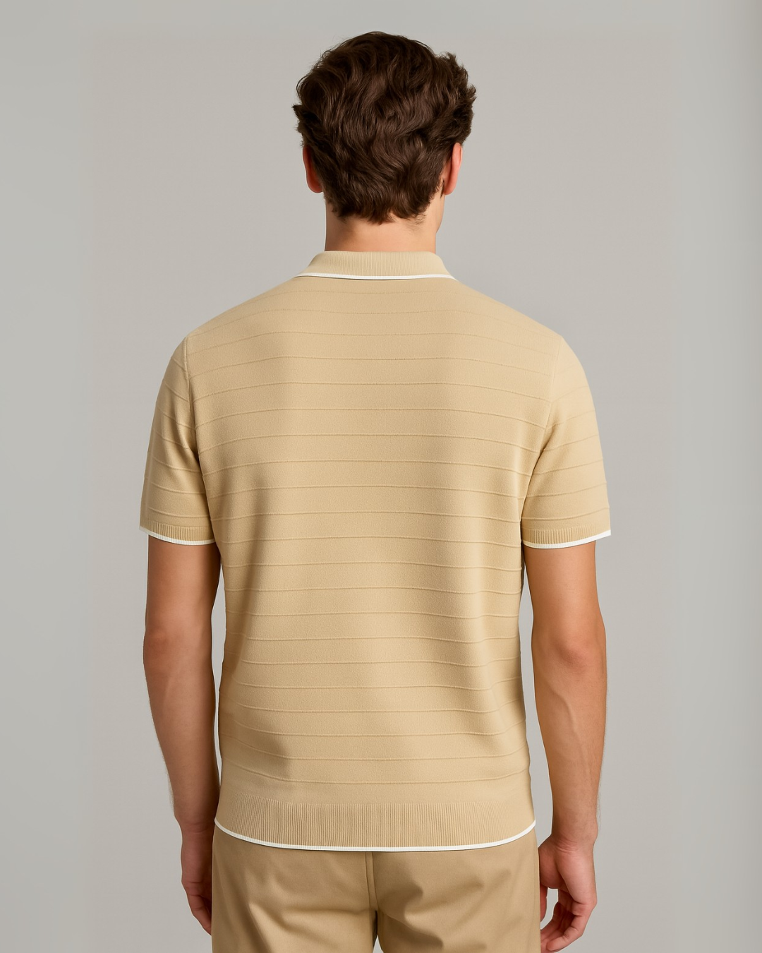 Ridge Textured Knit Polo Shirt - Pale Khaki