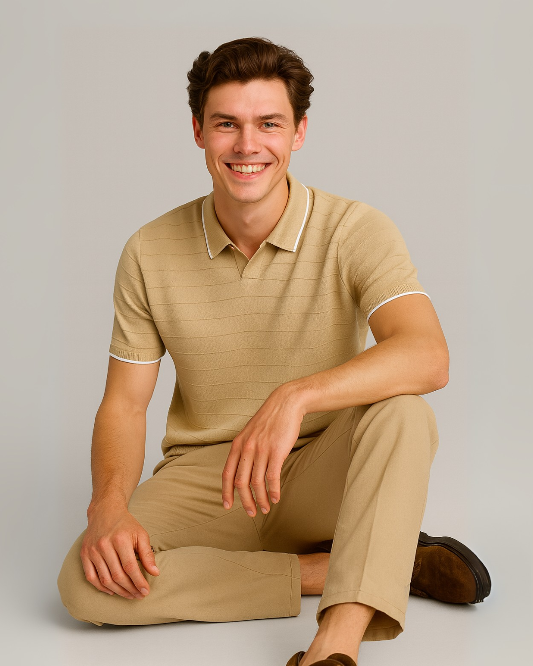 Ridge Textured Knit Polo Shirt - Pale Khaki