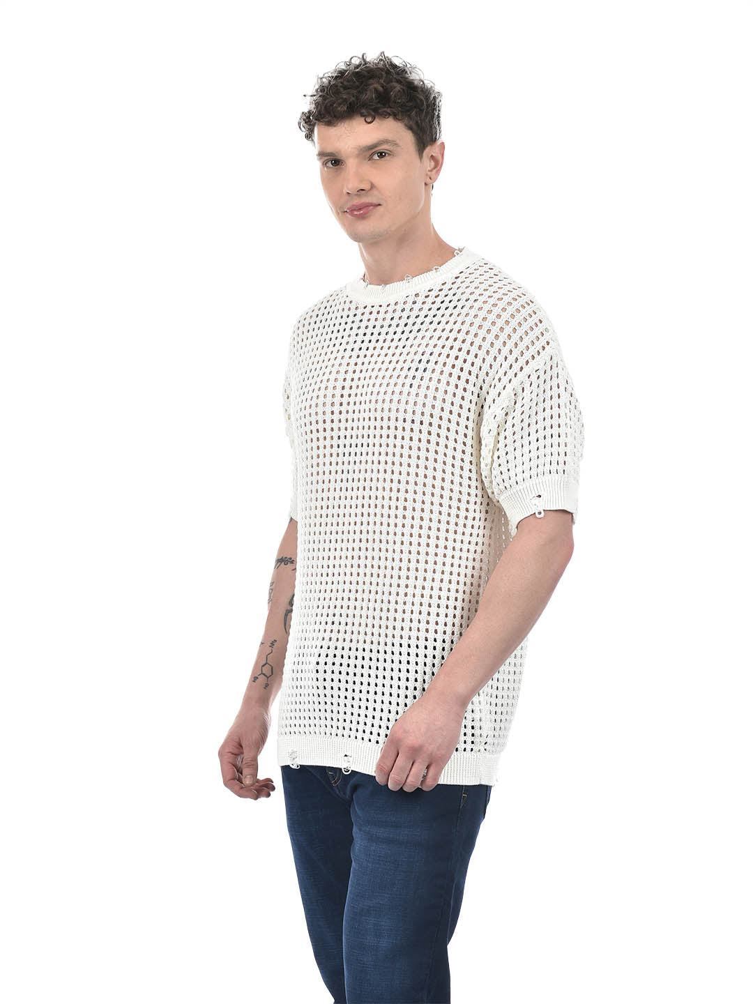 Street Mesh Knit T-Shirt – White Distressed