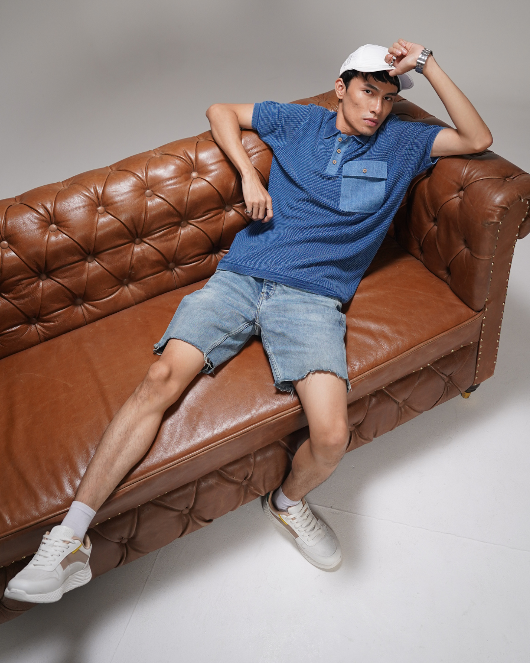 Denim Detail Waffle Knit Polo