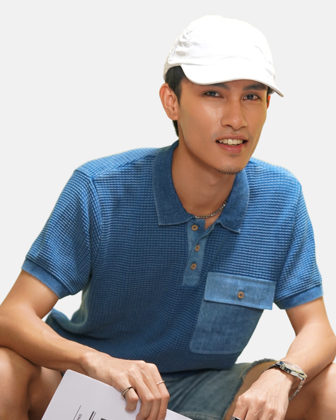 Denim Detail Waffle Knit Polo
