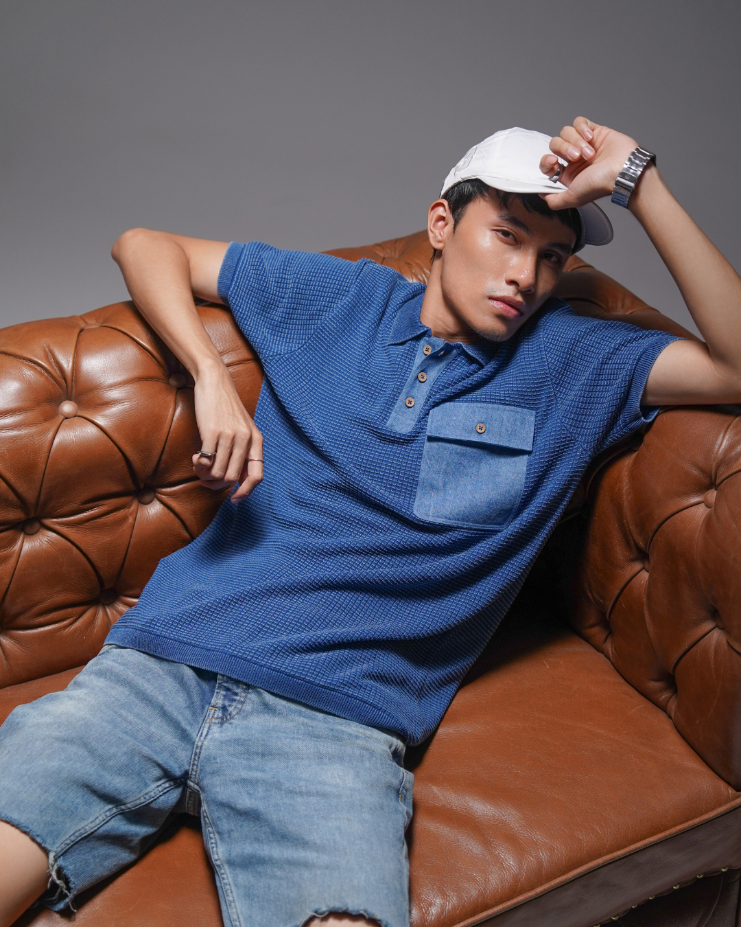Denim Detail Waffle Knit Polo