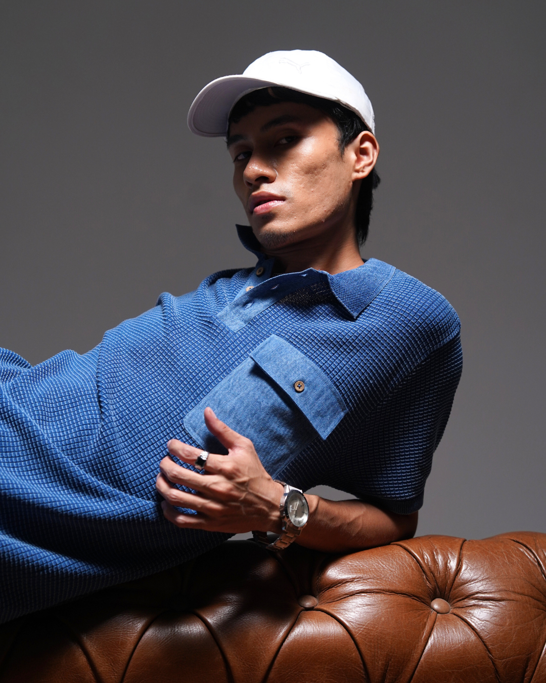 Denim Detail Waffle Knit Polo