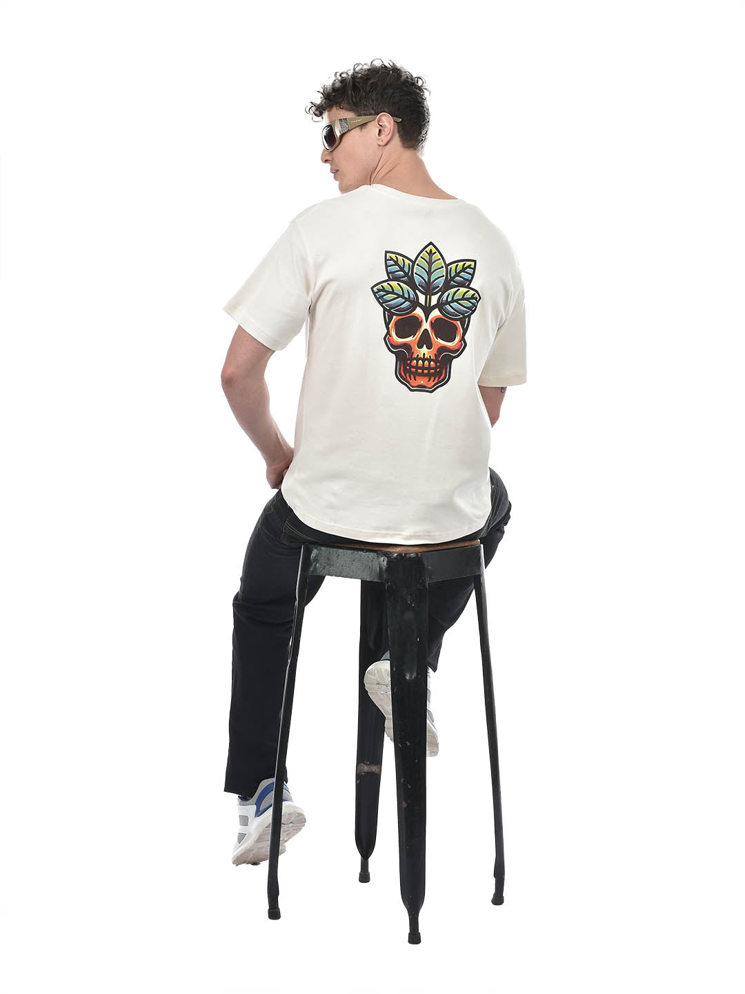 Drop-Shoulder Tribal Skull Graphic T-Shirt – Ivory