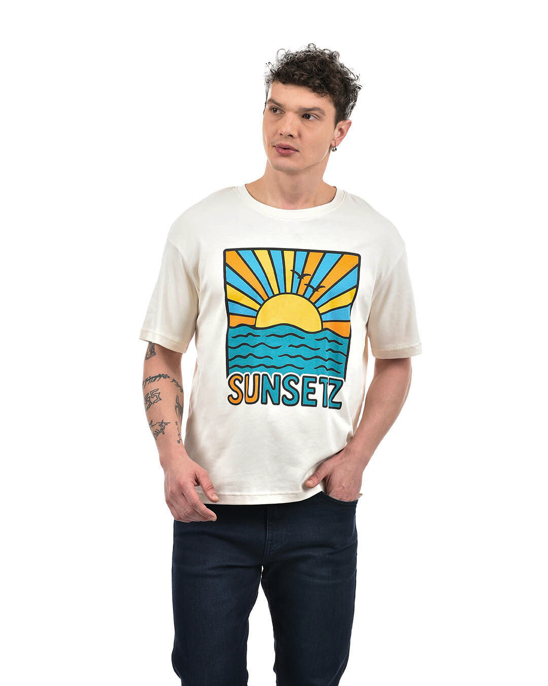 'Sunsetz' Graphic Print Drop Shoulder T-Shirt – Ivory