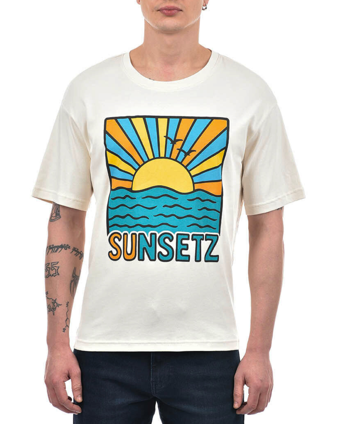 'Sunsetz' Graphic Print Drop Shoulder T-Shirt – Ivory