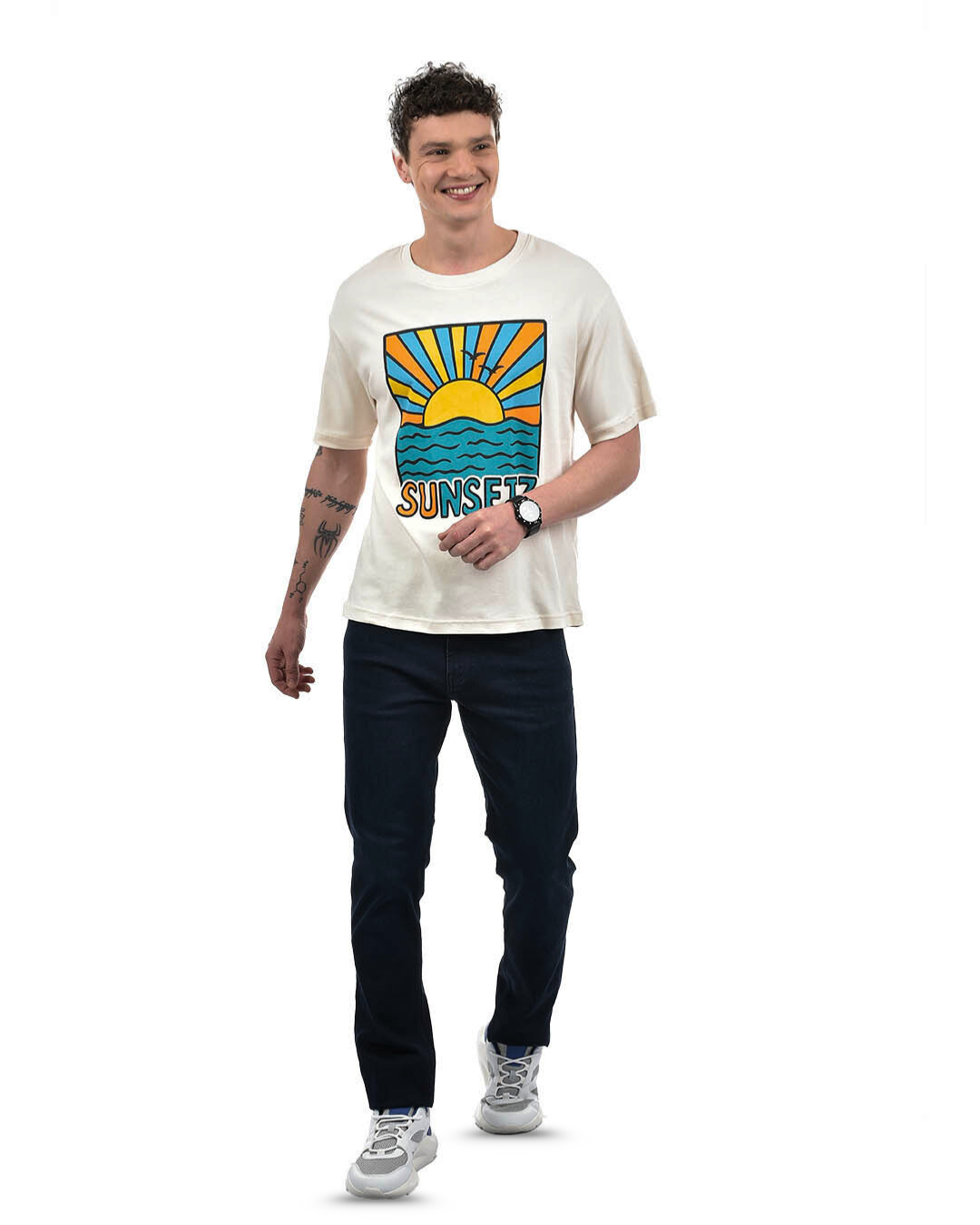 'Sunsetz' Graphic Print Drop Shoulder T-Shirt – Ivory