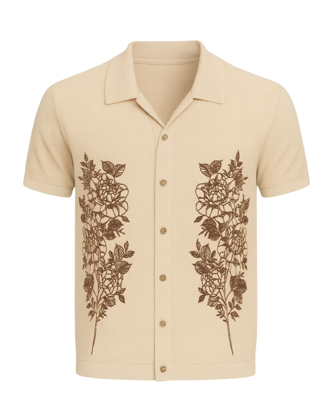 Sand Beige Botanic Embroidered Cuban Shirt